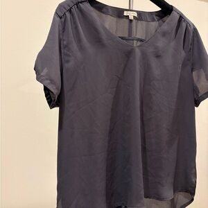 Lily White Sheer Navy V-Neck Short Sleeve Blouse